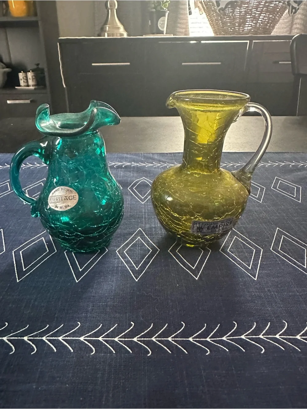 Heritage Teal and Empire Olive Crackle Glass Pitchers - MCM